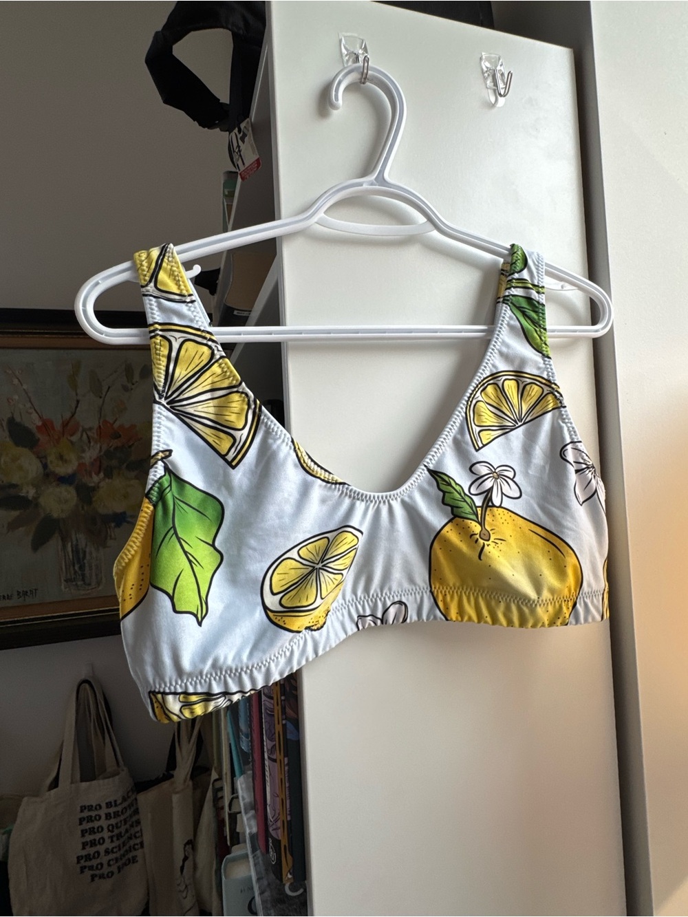 Lemon Print Scoop Neck Bikini Top - White & Yellow